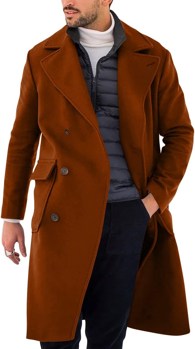 Mens Trench Coat Slim Fit Double Breasted Long Overcoat Classic Fall Winter Topcoat