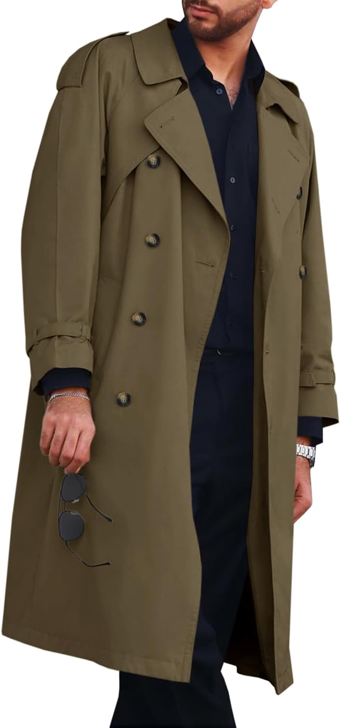 Mens Trench Coat Double Breasted Long Jacket Casual Windbreaker Notched Lapel Belted Overcoat