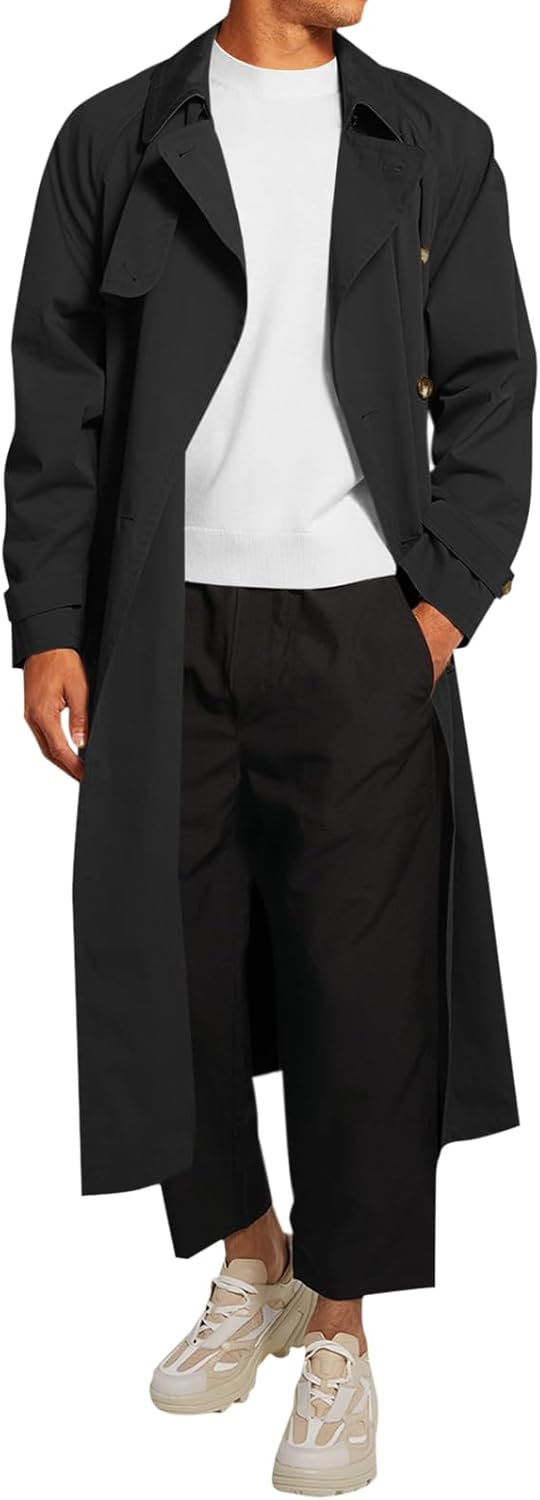 Mens Trench Coat Double Breasted Belted Windbreaker Jackets Lapel Lightweight Long Jacket Casual Overcoat