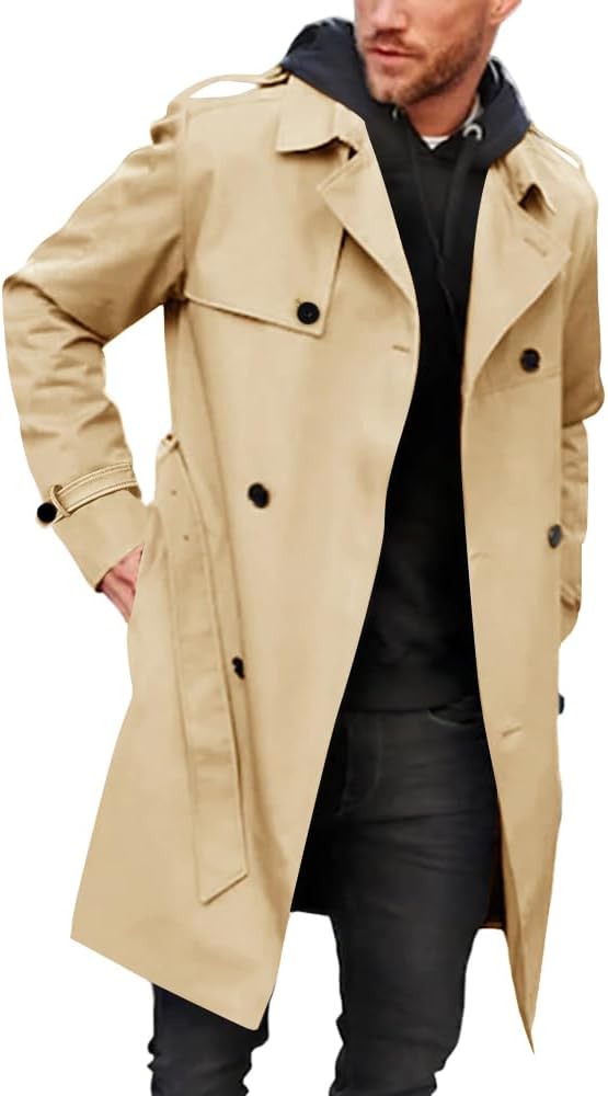 Mens Trench Coat Slim Fit Double Breasted Long Jacket Notched Lapel Belt Fall Windproof Coat