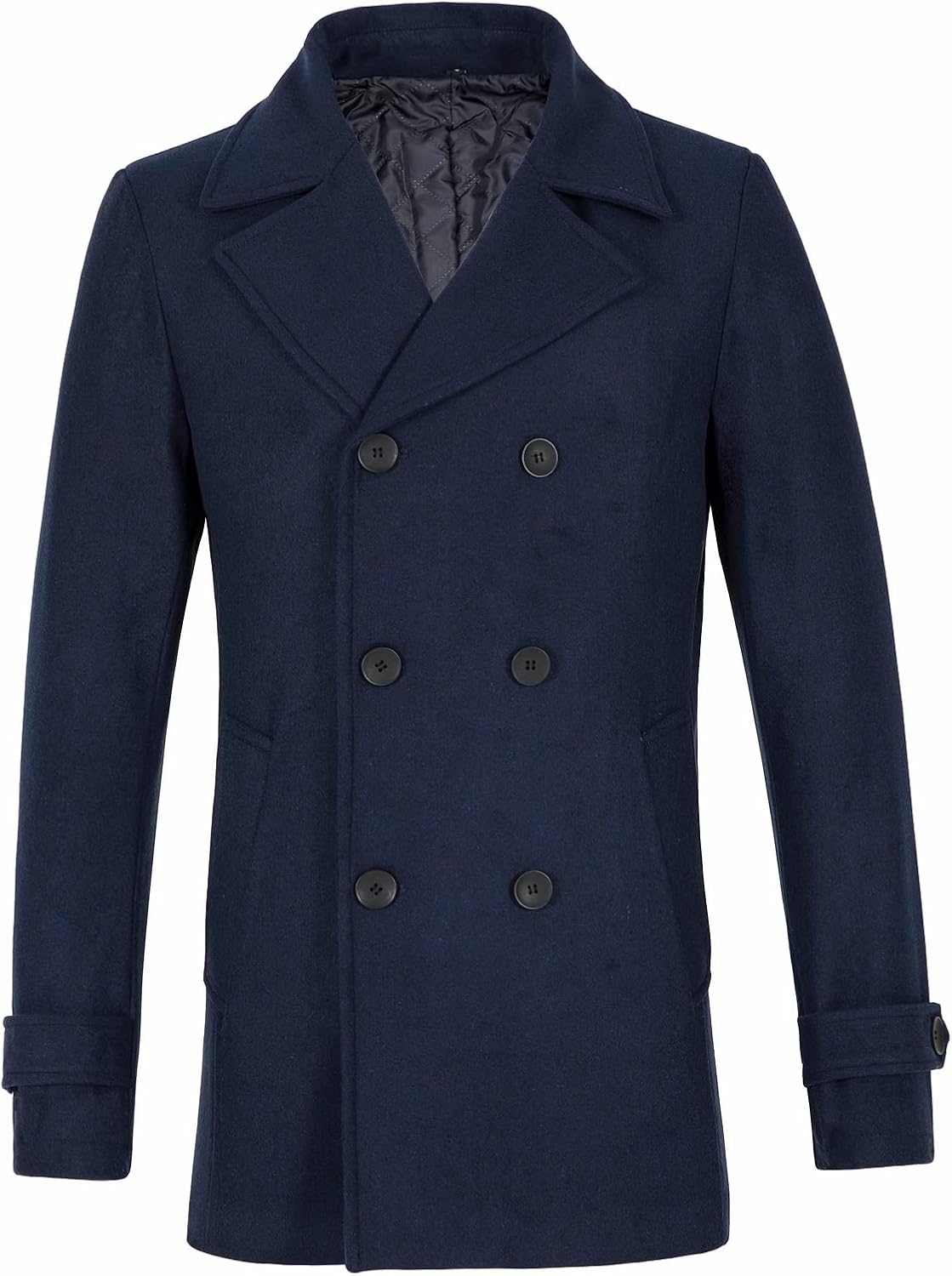 Mens Classic Double Breasted Pea Coat Wool Blend Quilted Lined Notched Collar Overcoat Trench Coat