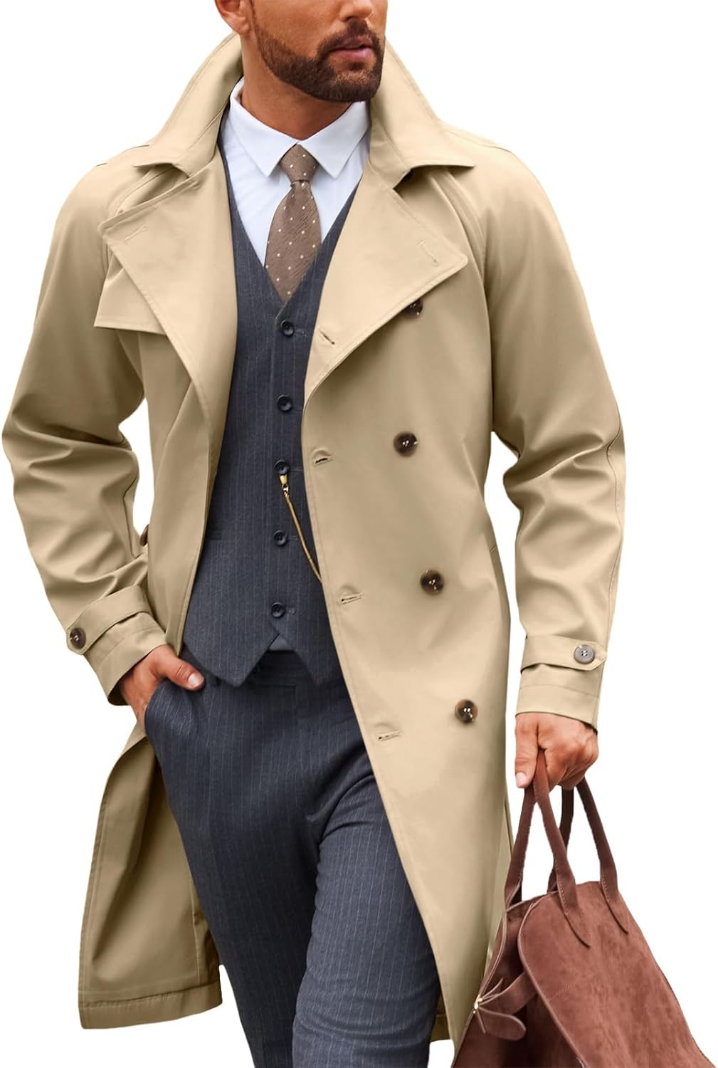 Mens Trench Coat Double Breasted Notched Lapel Casual Belted Windbreaker Fall Classic Long Jacket Overcoat