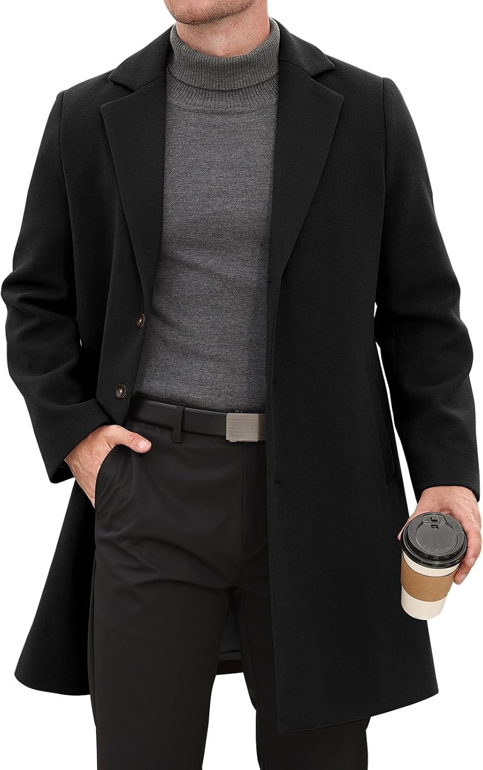 Men's Trench Coat Casual Single Breasted Long Pea Coat Notched Collar Warm Overcoat for Fall Winter with Pockets