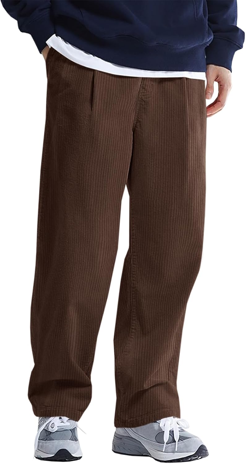 Mens Casual Corduroy Pants Elastic Waist Straight Leg Slacks Drawstring Loose Fit Trousers