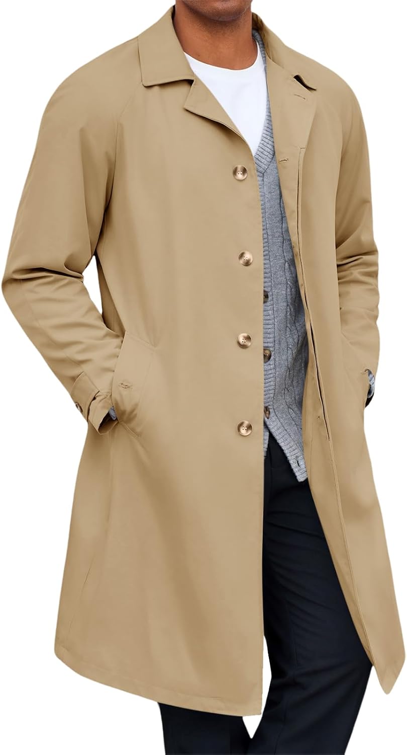 Mens Trench Coat Single Breasted Casual Slim Fit Windbreaker Lapel Lightweight Long Jacket Overcoat