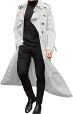 Mens Long Trench Coat Business Casual Double Breasted Overcoat Fall Winter Solid Color Windbreaker Lapel Outwear