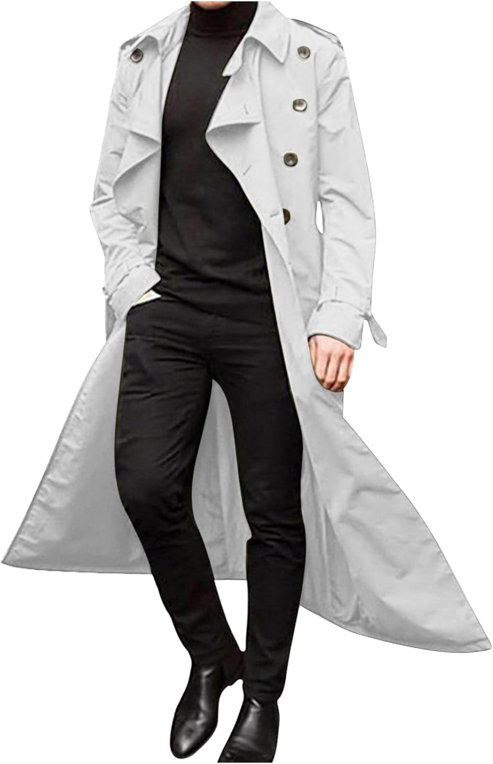 Mens Long Trench Coat Business Casual Double Breasted Overcoat Fall Winter Solid Color Windbreaker Lapel Outwear