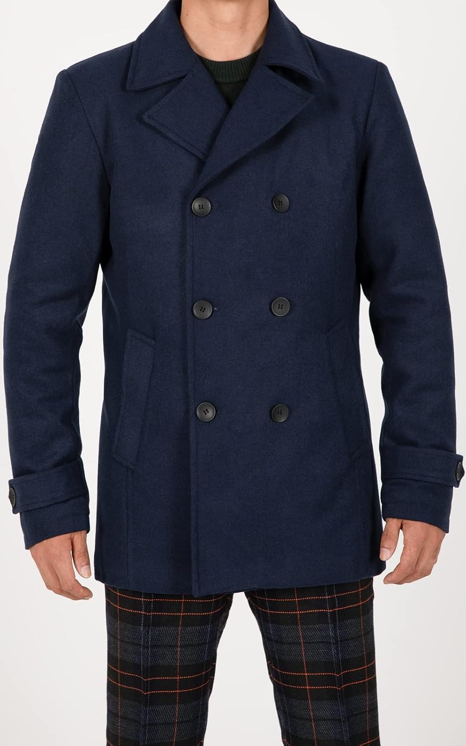 Mens Classic Double Breasted Pea Coat Wool Blend Quilted Lined Notched Collar Overcoat Trench Coat