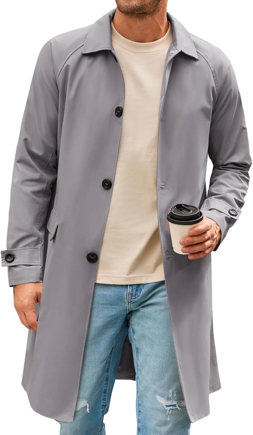 Mens Trench Coat Slim Fit Single Breasted Long Windbreaker Jacket Classic Lapel Casual Overcoat