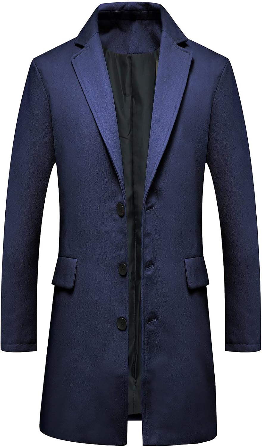Mens Wool Blend Trench Coat Single Breasted Notch Lapel Walker Mid-Length Classic Pea Top Coat