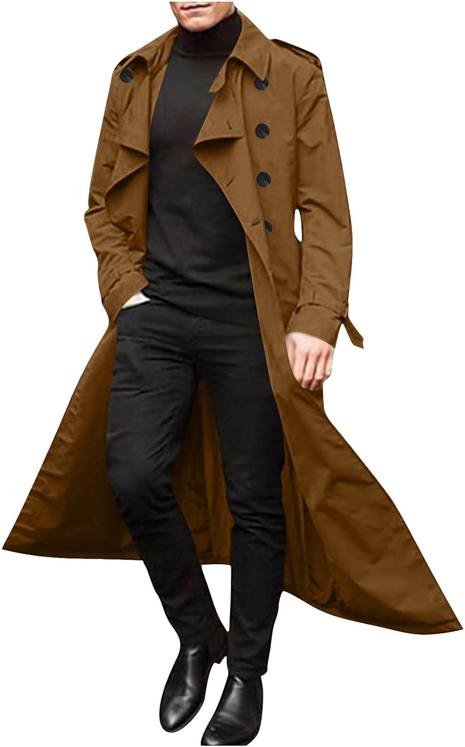 Men Long Trench Coat Lightweight Peacoat Double Breasted Trench Coat Casual Open Front Cardigan with Lapel
