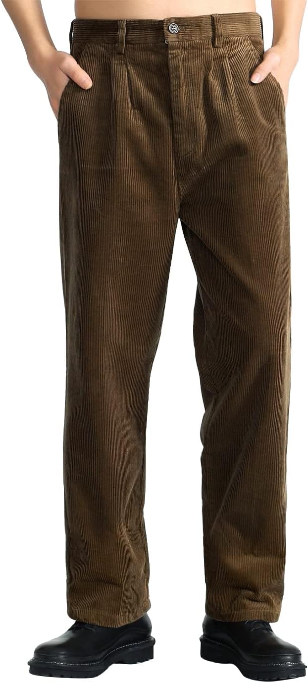 Mens Corduroy Pants Casual Straight Leg Pleated Dress Pants