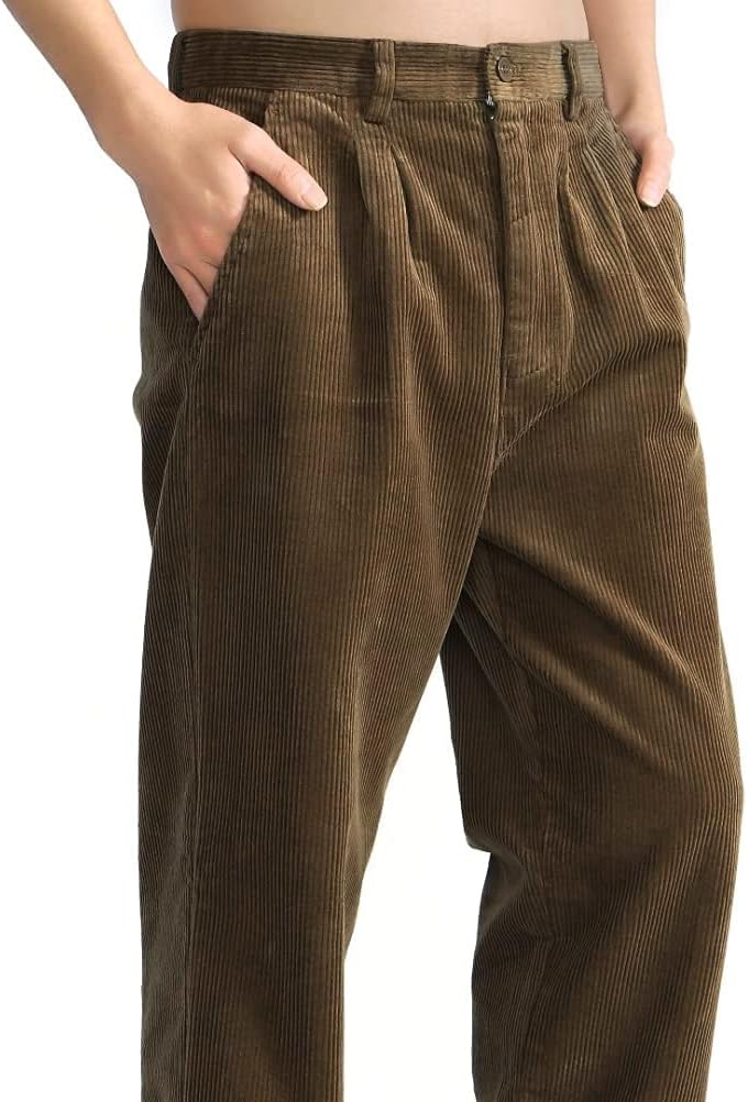 Mens Corduroy Pants Casual Straight Leg Pleated Dress Pants