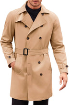 Mens Trench Coat Double Breasted Mid Long Jacket Casual Belted Overcoat Notched Lapel Windbreaker