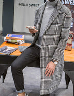 Mens Winter Trench Coat Notched Collar Single Breasted Plaid Mid Long Peacoat Overcoats with Pockets