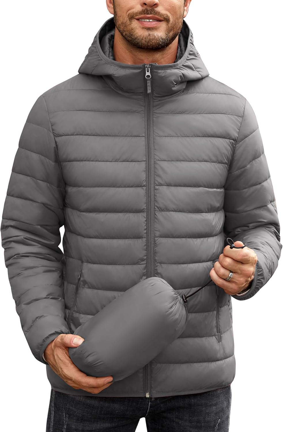 Mens Packable Puffer Jacket Lightweight Hooded Insulated Winter Coat Windproof Zipper Down Jacket