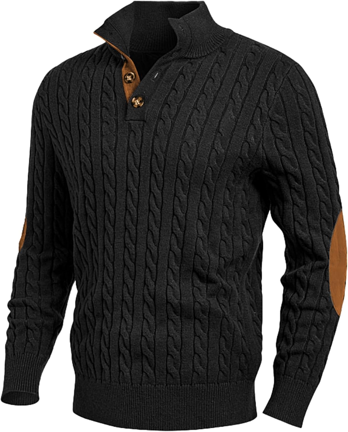 Men's Cable Knit Pullover Sweater Casual Long Sleeve Stand Collar Button Knitted Sweaters