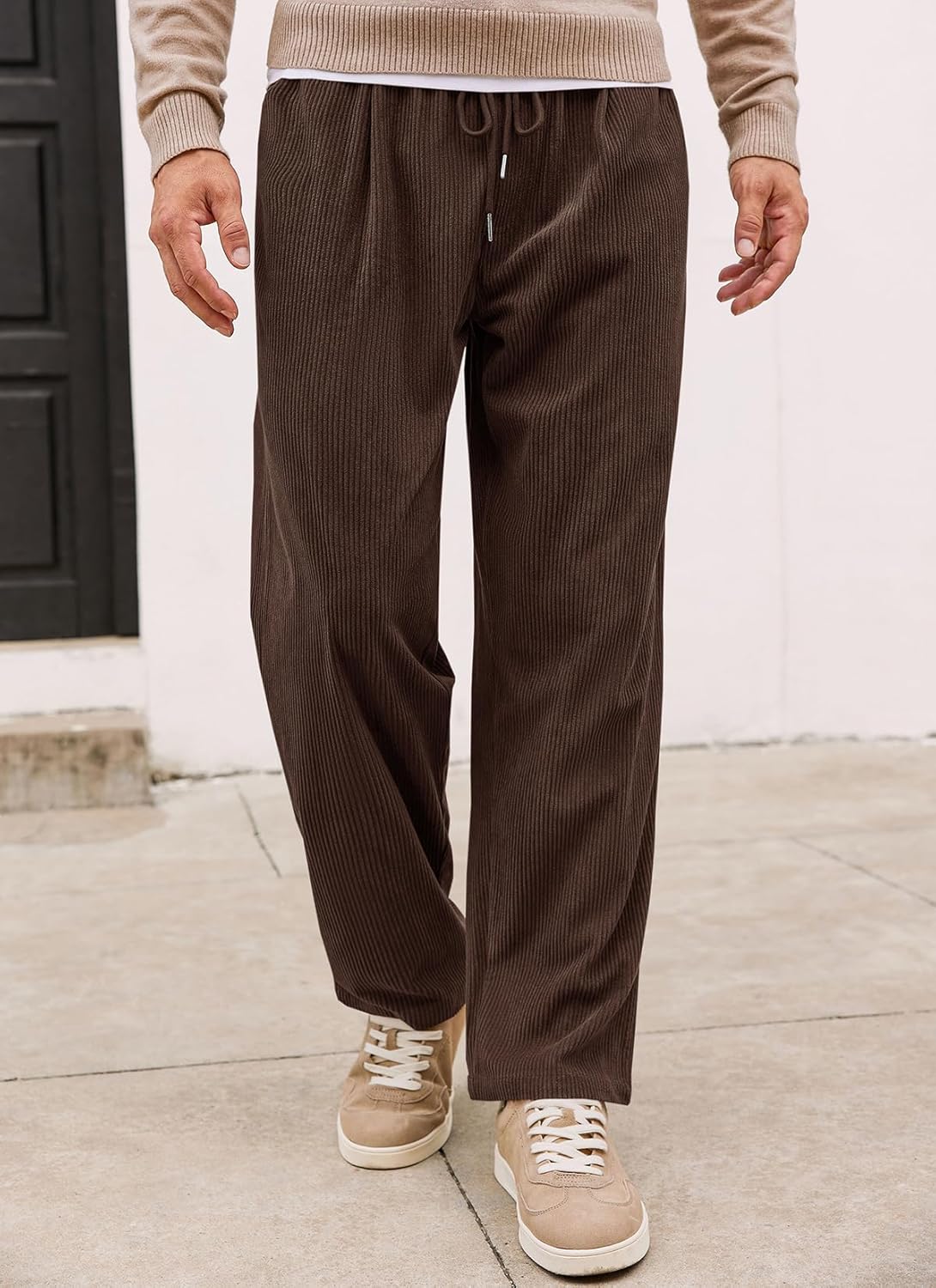 Mens Casual Corduroy Pants Elastic Waist Straight Leg Slacks Drawstring Loose Fit Trousers