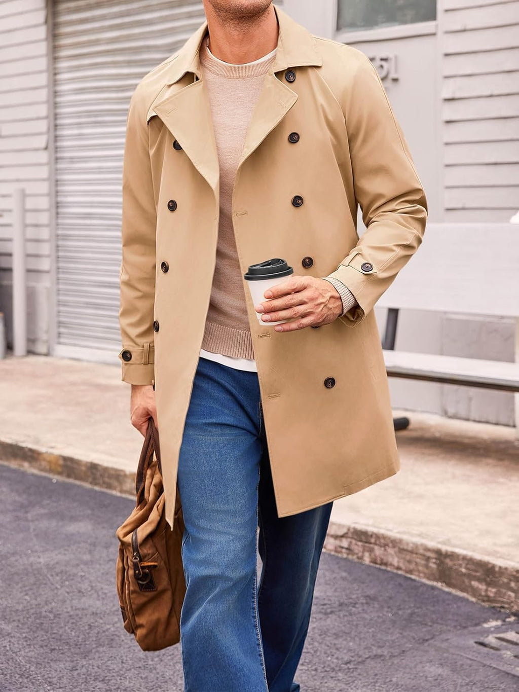 Mens Trench Coat Double Breasted Mid Long Jacket Casual Belted Overcoat Notched Lapel Windbreaker