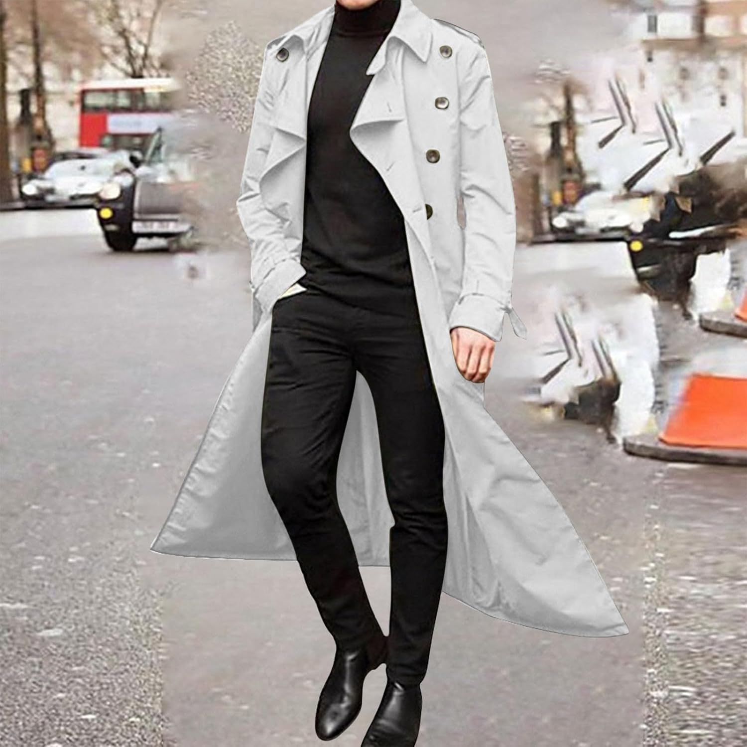 Mens Long Trench Coat Business Casual Double Breasted Overcoat Fall Winter Solid Color Windbreaker Lapel Outwear