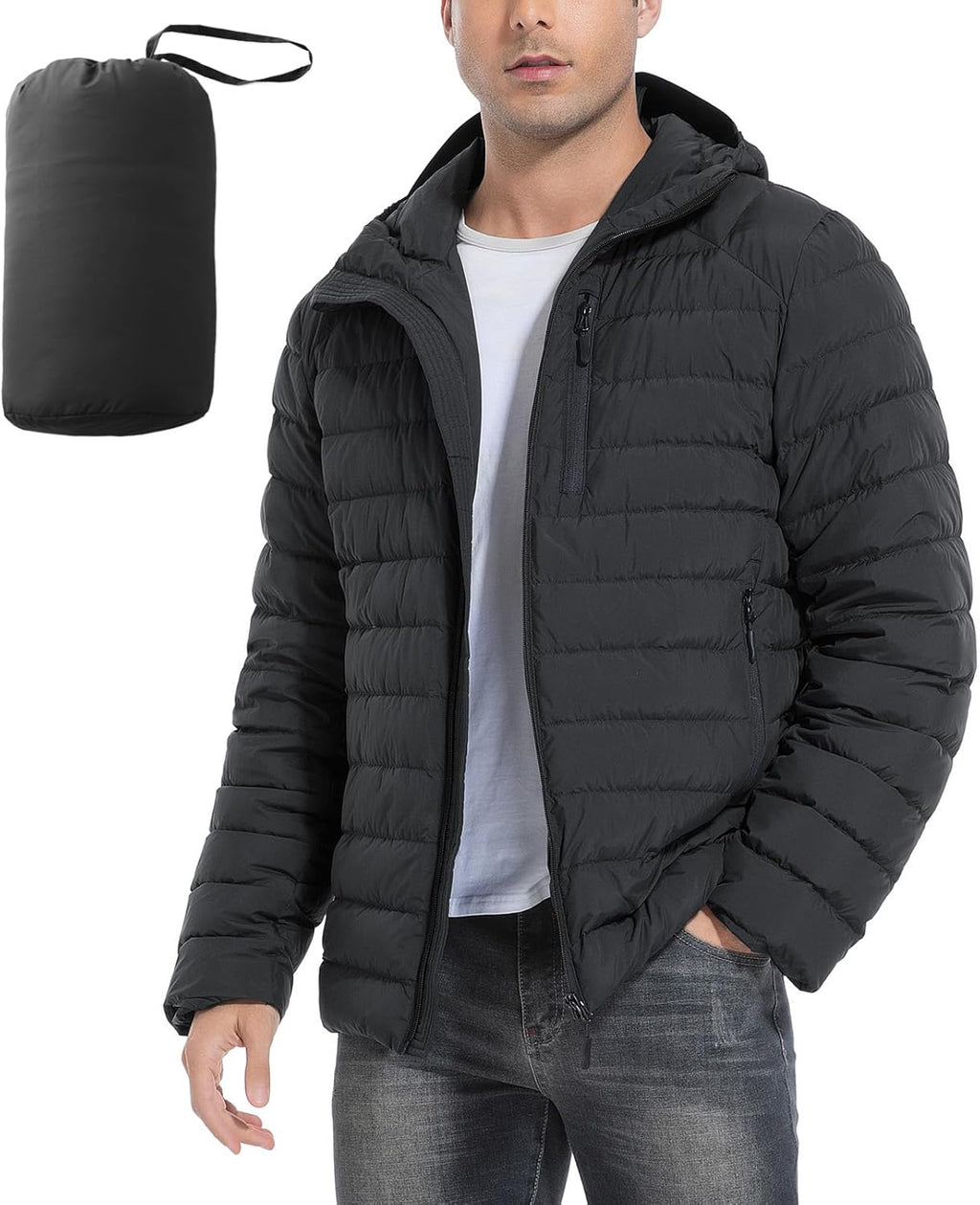 Men's Lightweight Packable Down Jacket Water-Resistant Winter Puffer Jackets with Hood