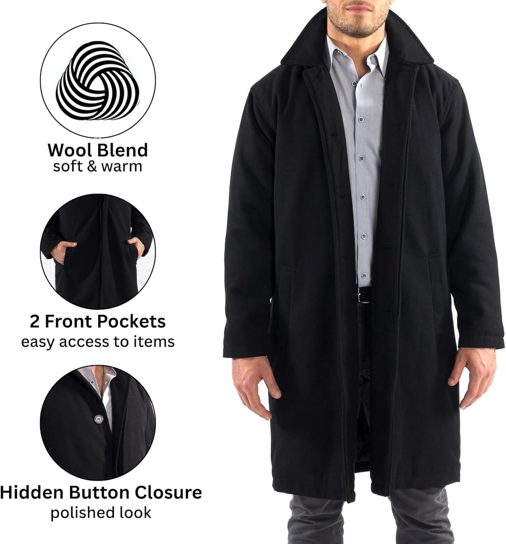 Men’s Wool Blend Overcoat – Knee-Length Trench Coat, Runs Large for Layering Over Suits or Sweaters