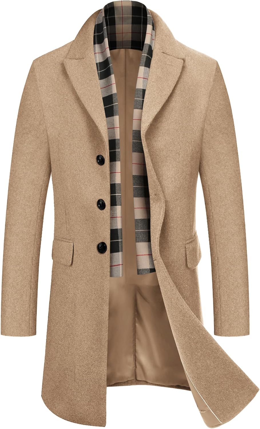 Men's Wool Blend Coat with Detachable Plaid Scarfs Notched Collar Single Breasted Pea Coat Trench Overcoat