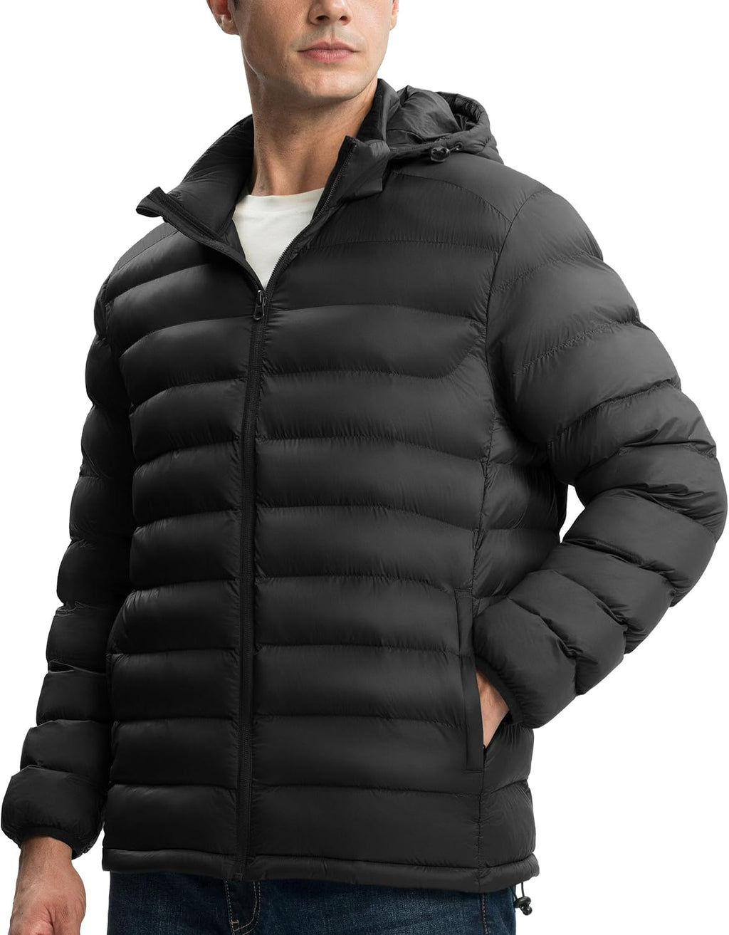 Men's Lightweight Puffer Jacket Detachable Hooded Water Resistant Puffy Winter Down Jackets for Snow Ski Travel