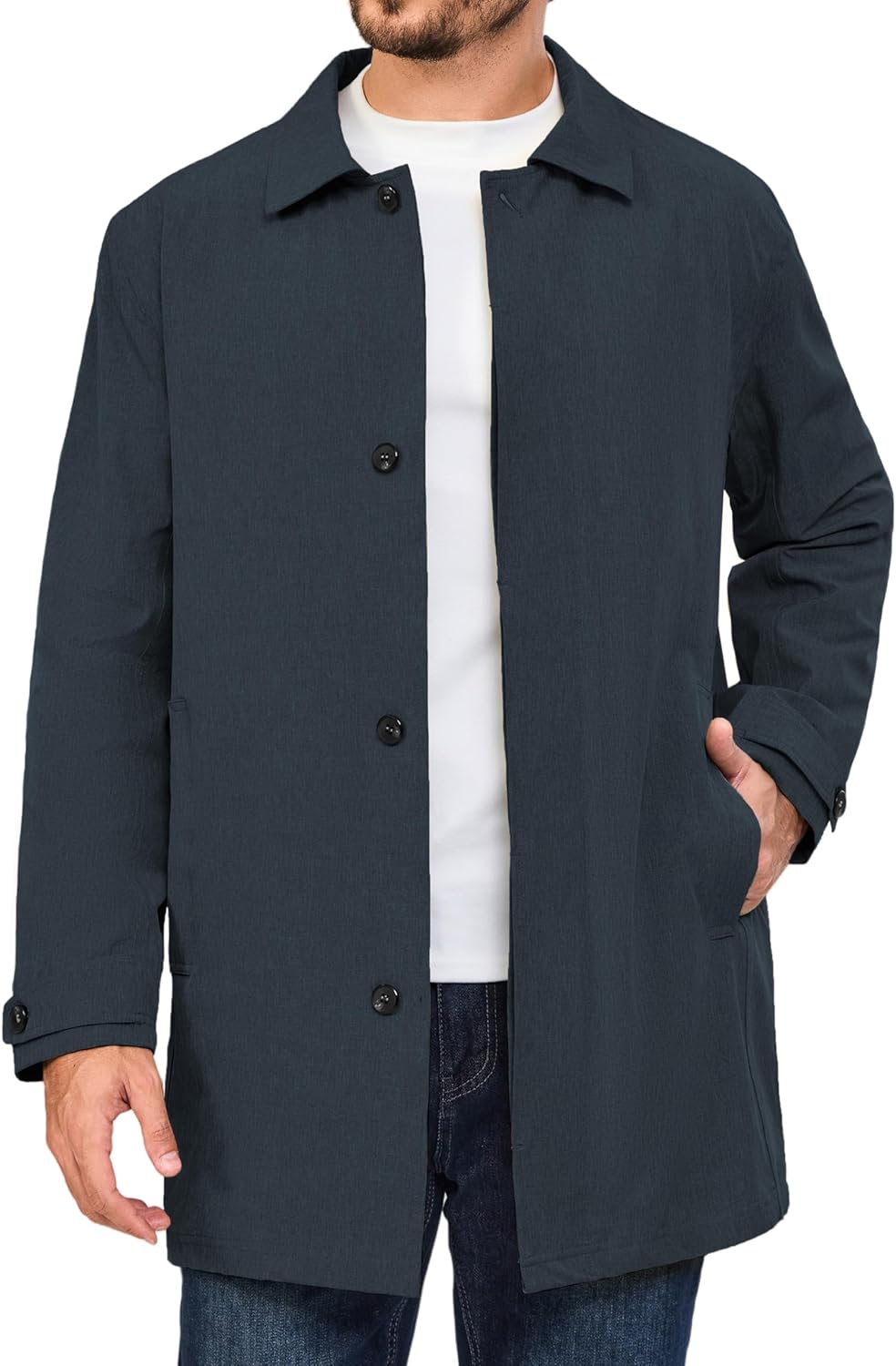 Men's Waterproof Mid-Length Trench Coat, Lightweight Long Rain Coat, Single Breasted Overcoat