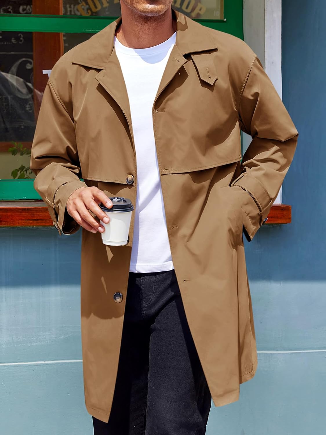 Mens Trench Coat Single Breasted Slim Fit Mid Long Jackets Casual Fall Windbreaker Overcoat
