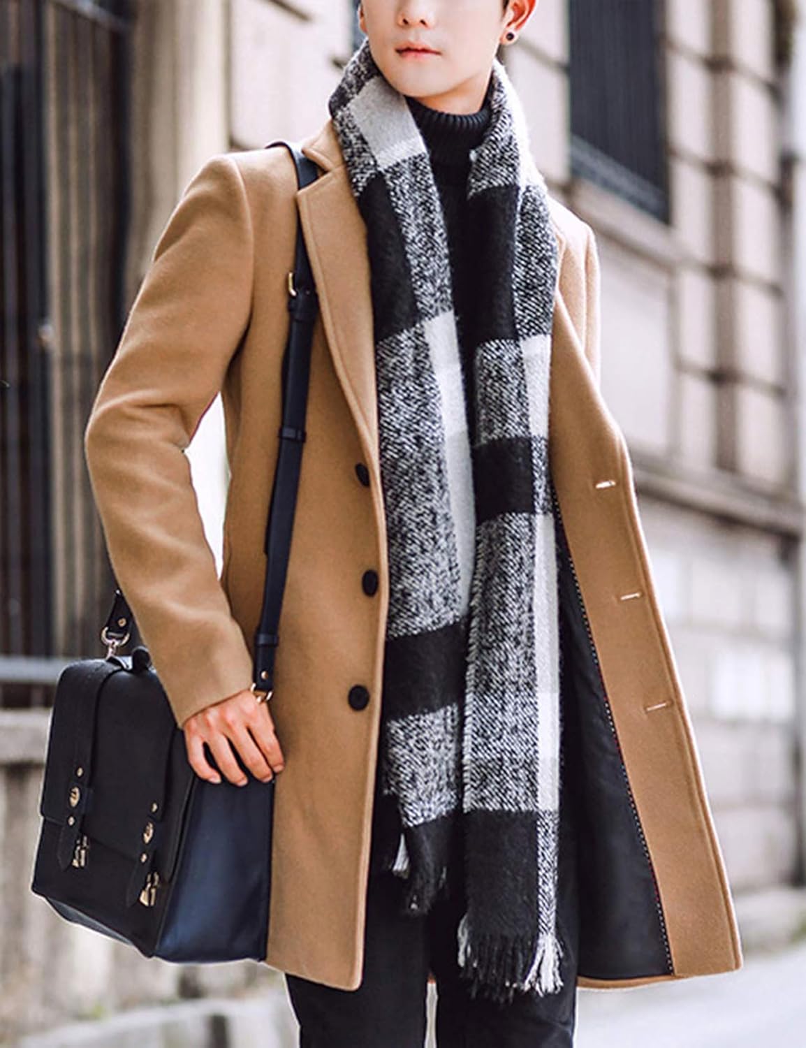 Mens Black Trench Coat Notched Lapel Single Breasted Long Peacoat Overcoat