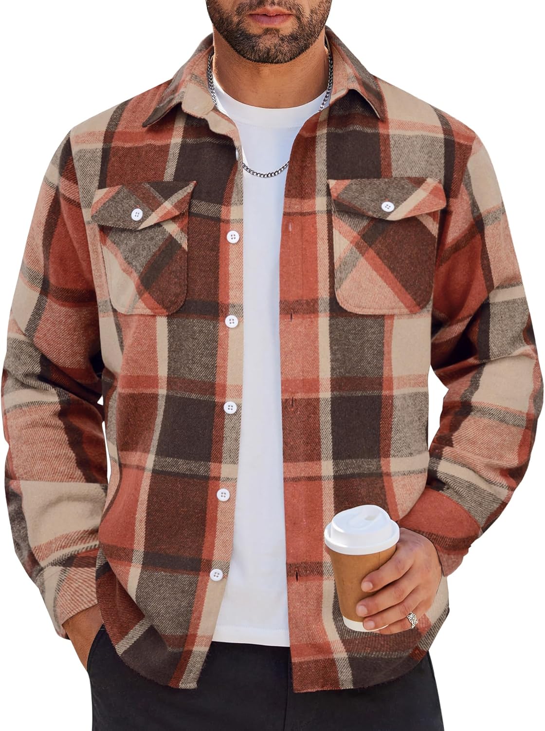 Men Flannel Shirt Casual Button Down Shirt Jacket Long Sleeve Plaid Shirts with Pockets