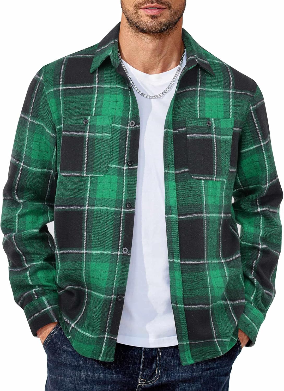 Men's Flannel Shirts Long Sleeve Casual Cotton Plaid Button Down Shirt Jacket with Pockets