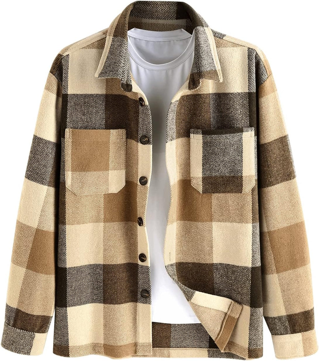 Men's Plaids Shirt Long Sleeve Button Down Lightweight Flannel Jacket Wool Blend Shacket Casual Shirts with Pockets