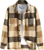 Men's Plaids Shirt Long Sleeve Button Down Lightweight Flannel Jacket Wool Blend Shacket Casual Shirts with Pockets