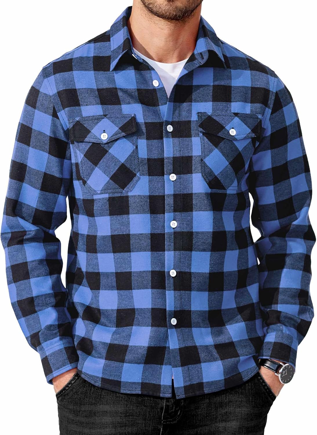 Mens Flannel Shirts Long Sleeve Casual Plaid Button Down Shirt Cotton Shirt Cowboy Work Shirts with Pockets