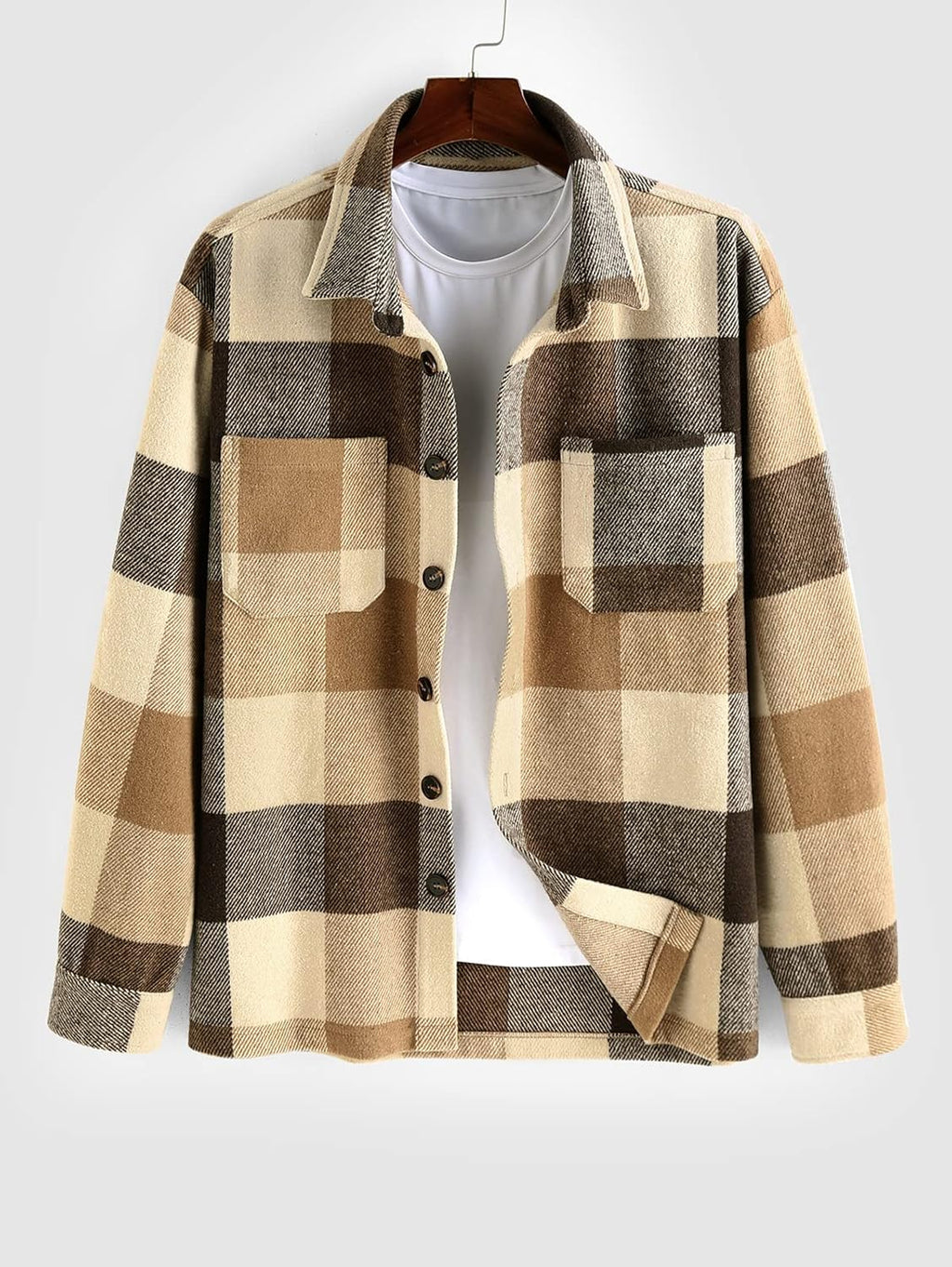 Men's Plaids Shirt Long Sleeve Button Down Lightweight Flannel Jacket Wool Blend Shacket Casual Shirts with Pockets