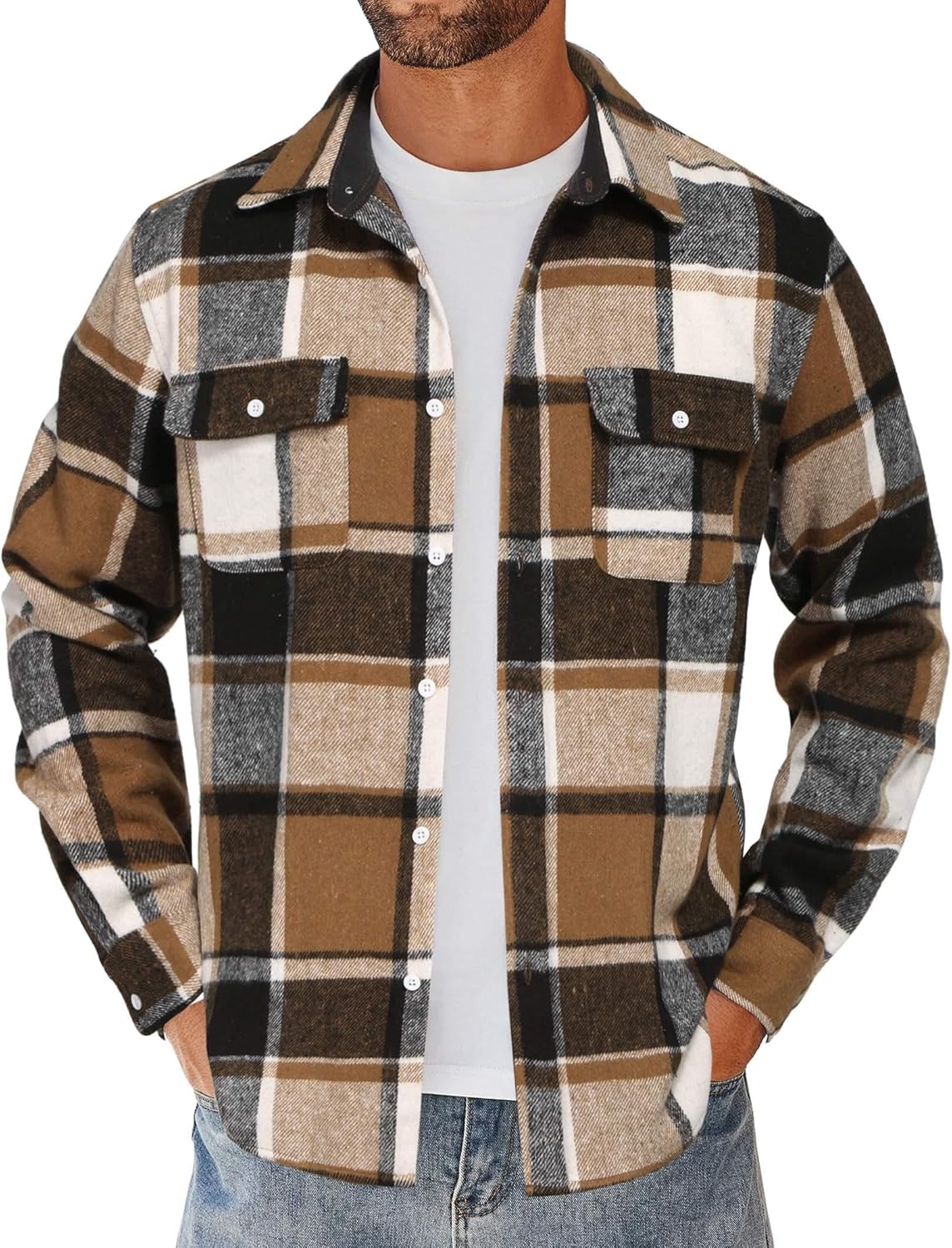 Men's Flannel Shirts Long Sleeve Cotton Plaid Shirt Jacket Casual Button Down Shirt with Pockets