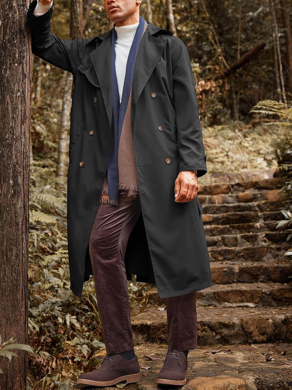 Mens Trench Coat Double Breasted Belted Windbreaker Jackets Lapel Lightweight Long Jacket Casual Overcoat