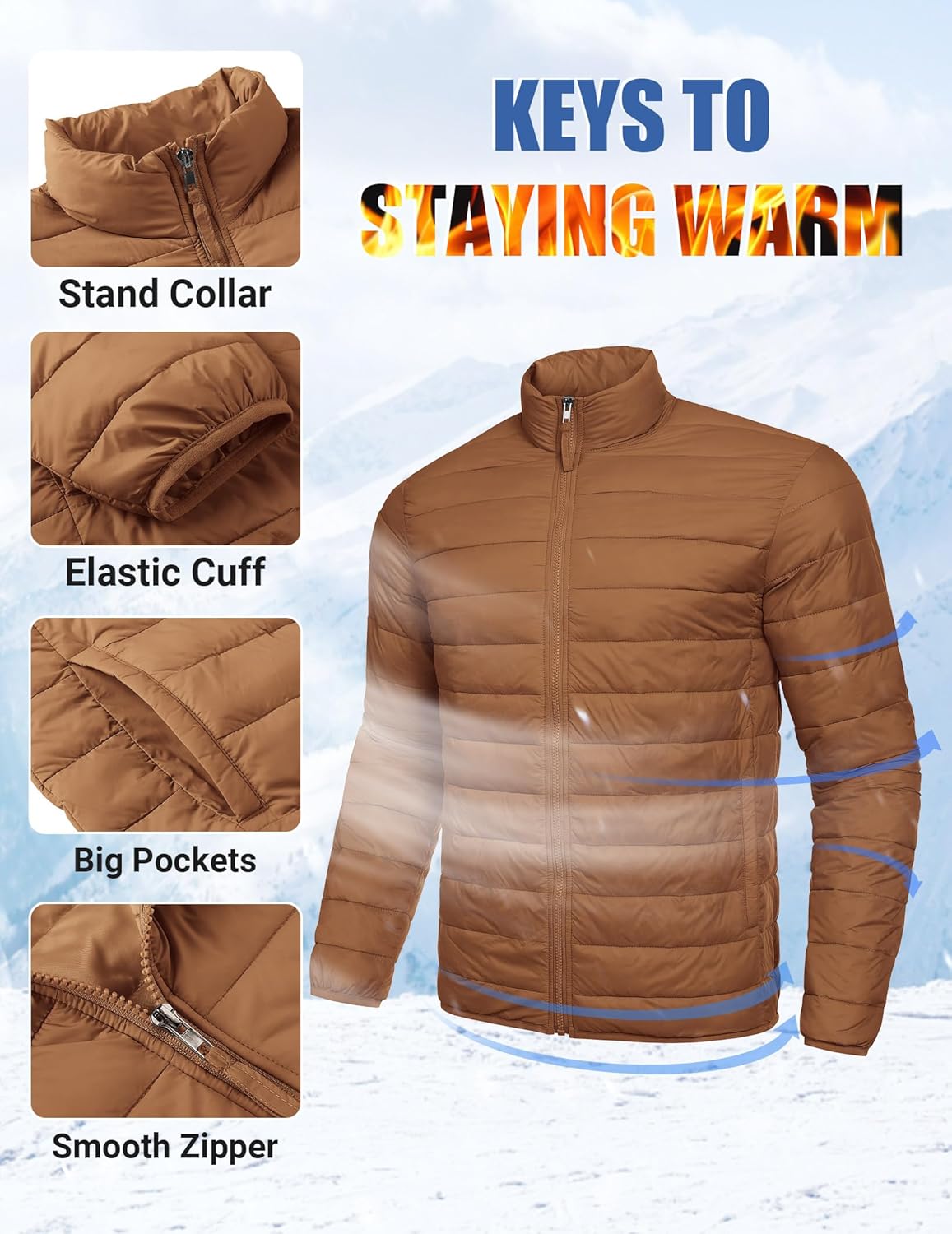 Mens Puffer Jacket Packable Lightweight Jackets Winter Coat Windproof Zipper Down Jacket