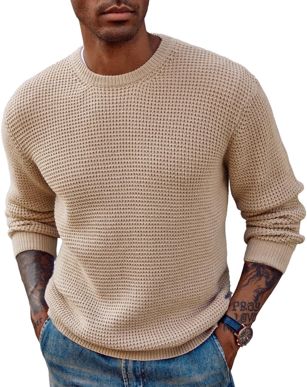 Mens Pullover Sweater Waffle Textured Long Sleeve Knitted Sweaters