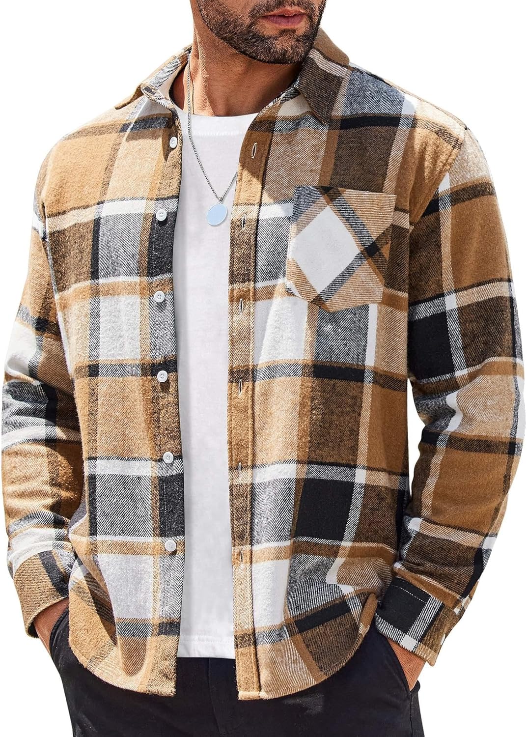 Mens Flannel Shirts Long Sleeve Lightweight Plaid Shirt Casual Button Down Shirts Jacket