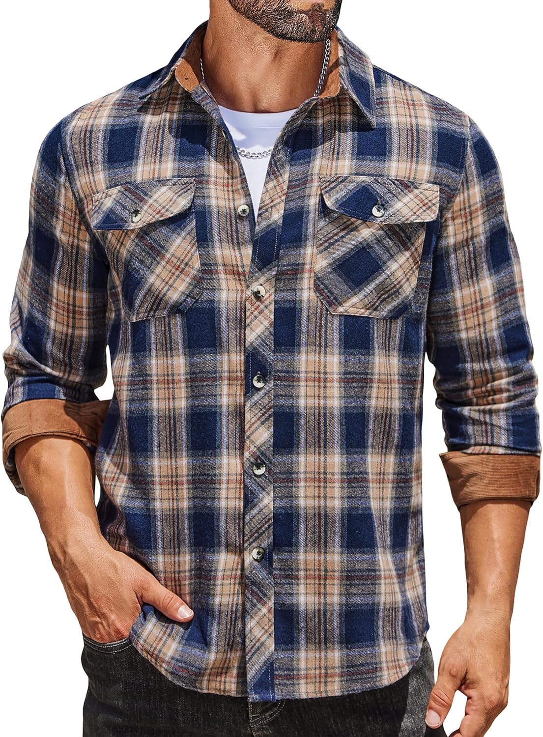 Men's Fall Plaid Button Down Shirt Long Sleeve Casual Cowboy Work Shirts Lightweight Flannel Shirts Two Pocket